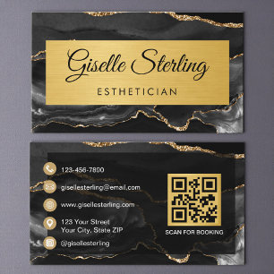 Black Gold Agate Esthetician Glitter QR Code Business Card