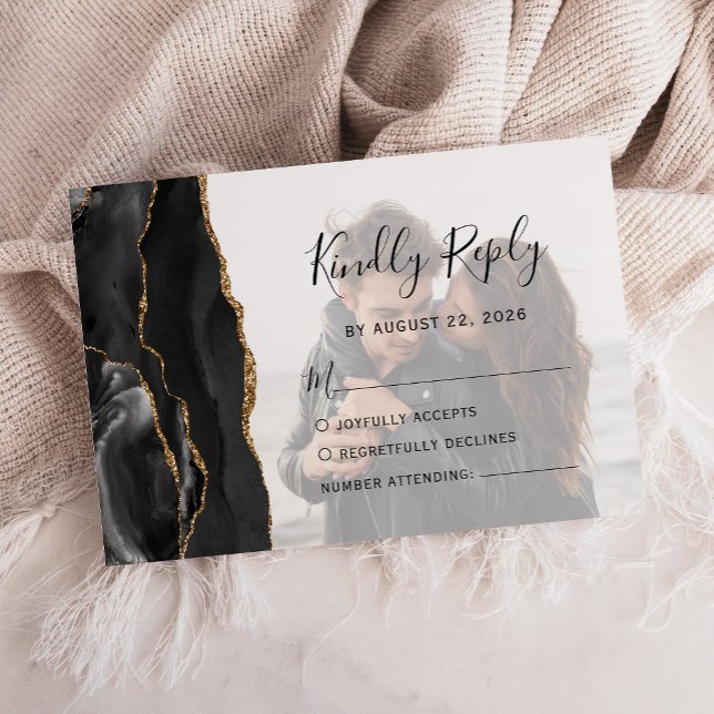 Black Gold Agate Faded Photo Overlay Wedding RSVP Card (Creator Uploaded)