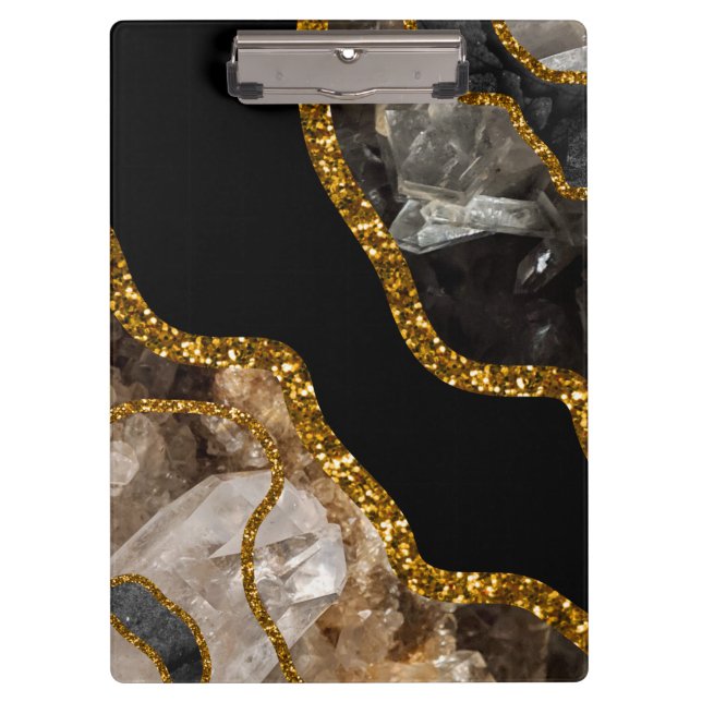 Black & Gold Agate Geode Glitter Clipboard (Front)