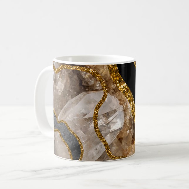 Black & Gold Agate Geode Glitter Coffee Mug (Front Left)