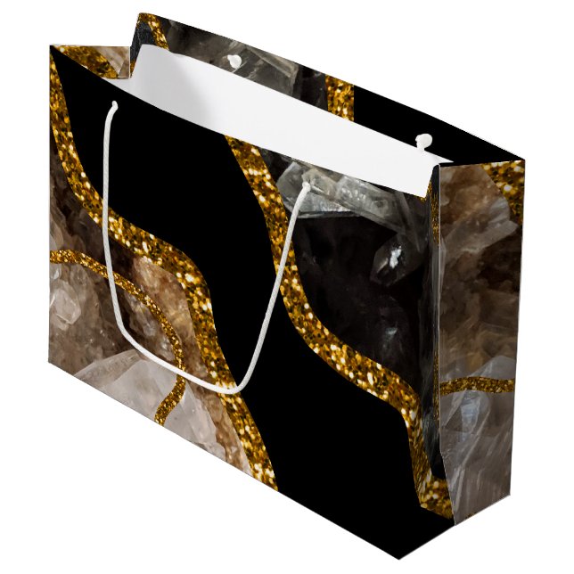Black & Gold Agate Geode Glitter Large Gift Bag (Front Angled)