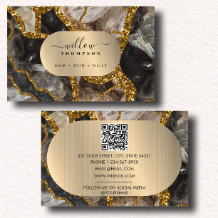 Black & Gold Agate Geode Glitter Marble QR Code Business Card