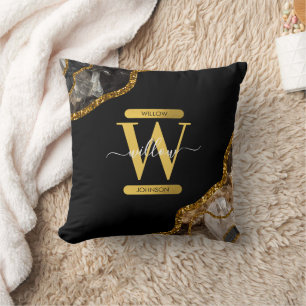 Black & Gold Agate Geode Glitter Monogram Cushion