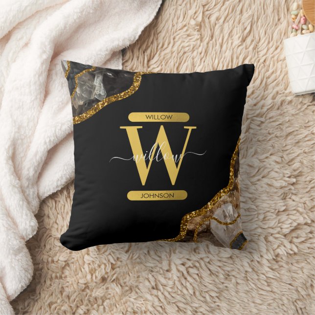 Black & Gold Agate Geode Glitter Monogram  Cushion (Blanket)