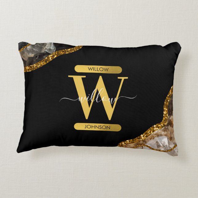 Black & Gold Agate Geode Glitter Monogram Decorative Cushion (Back)