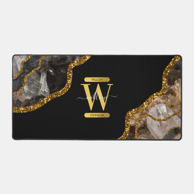 Black & Gold Agate Geode Glitter Monogram Desk Mat (Front)