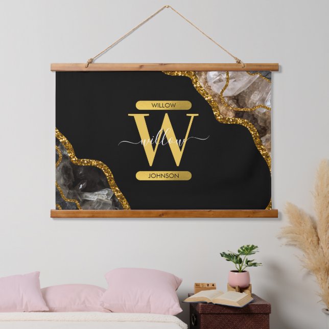 Black & Gold Agate Geode Glitter Monogram Hanging Tapestry (Bedroom)
