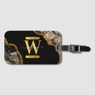 Black & Gold Agate Geode Glitter Monogram Luggage Tag