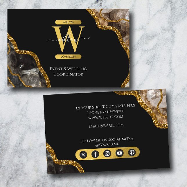 Black & Gold Agate Geode Glitter Monogram Marble Business Card (Black & Gold Agate Geode Glitter Monogram Marble Business Card)
