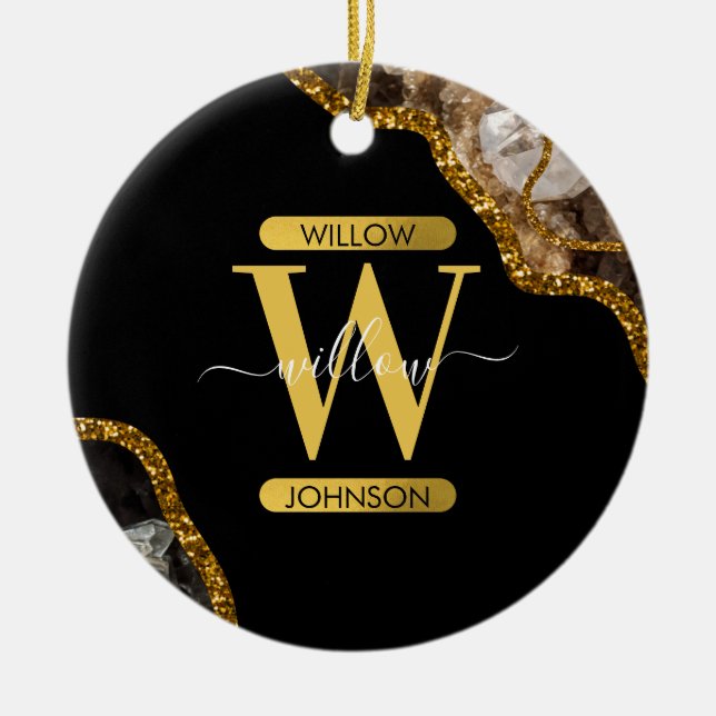 Black & Gold Agate Geode Glitter Monogram Marble Ceramic Ornament (Front)