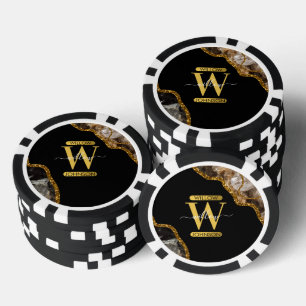 Black & Gold Agate Geode Glitter Monogram Marble Poker Chips