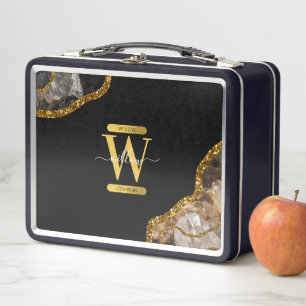 Black & Gold Agate Geode Glitter Monogram Metal Lunch Box