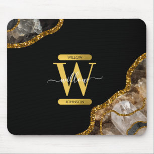 Black & Gold Agate Geode Glitter Monogram Mouse Pad