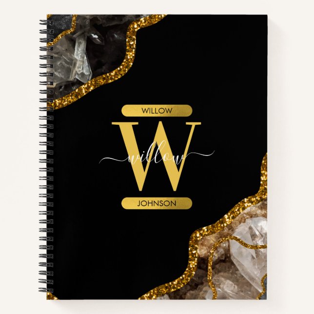 Black & Gold Agate Geode Glitter Monogram  Notebook (Front)