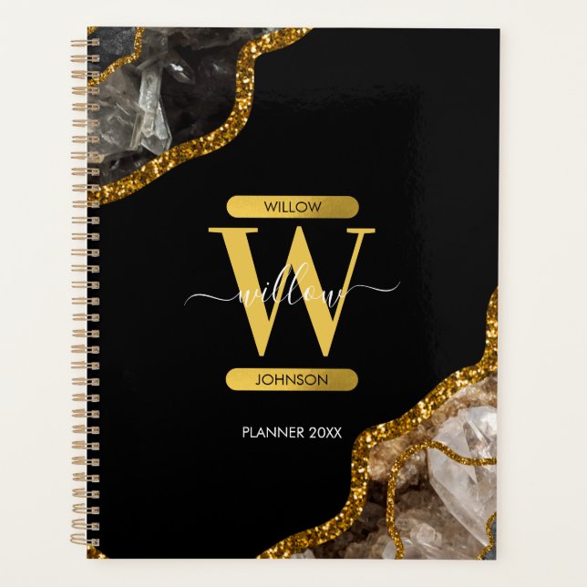 Black & Gold Agate Geode Glitter Monogram Planner (Front)