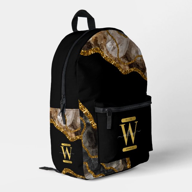 Black & Gold Agate Geode Glitter Monogram Printed Backpack (Back Corner Left)