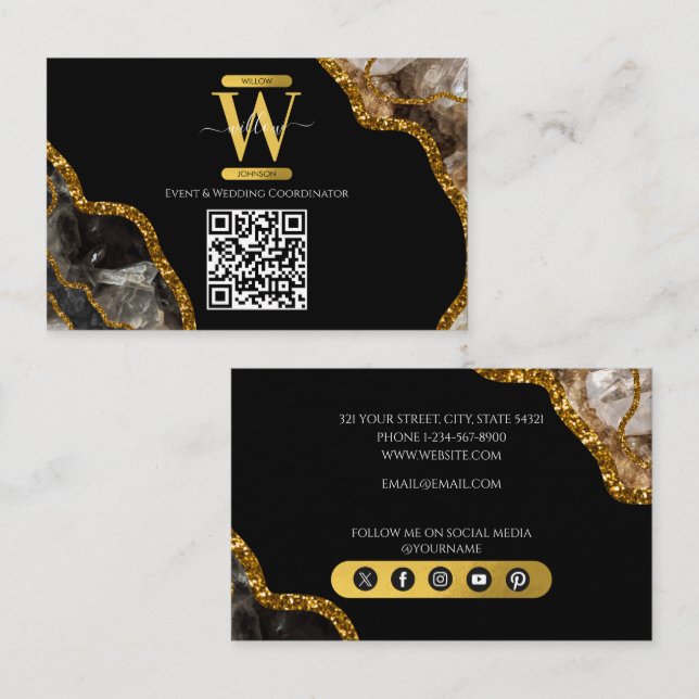Black & Gold Agate Geode Glitter Monogram QR Code  Business Card (Front/Back)