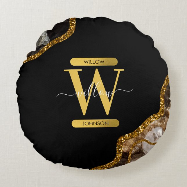 Black & Gold Agate Geode Glitter Monogram Round Cushion (Front)