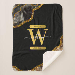 Black & Gold Agate Geode Glitter Monogram Sherpa Blanket