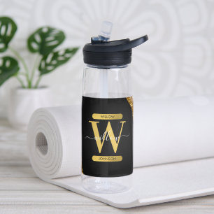 Black & Gold Agate Geode Glitter Monogram Water Bottle
