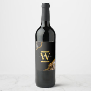 Black & Gold Agate Geode Glitter Monogram Wine Label