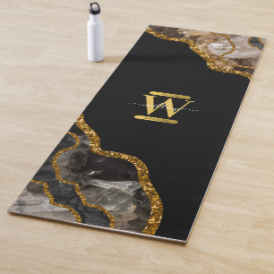Black & Gold Agate Geode Glitter Monogram  Yoga Mat