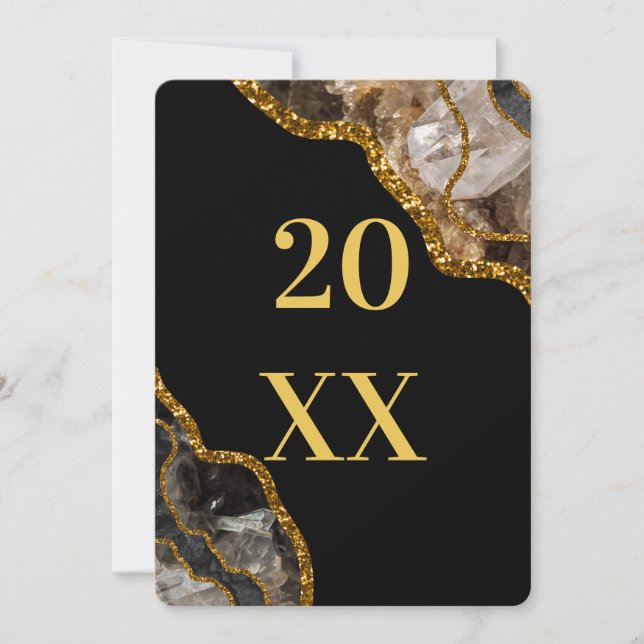 Black & Gold Agate Geode Glitter New Years Holiday Card (Front)