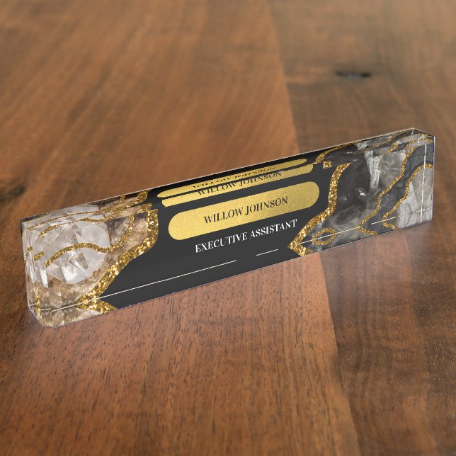 Black & Gold Agate Geode Glitter Office Nameplate (Side)
