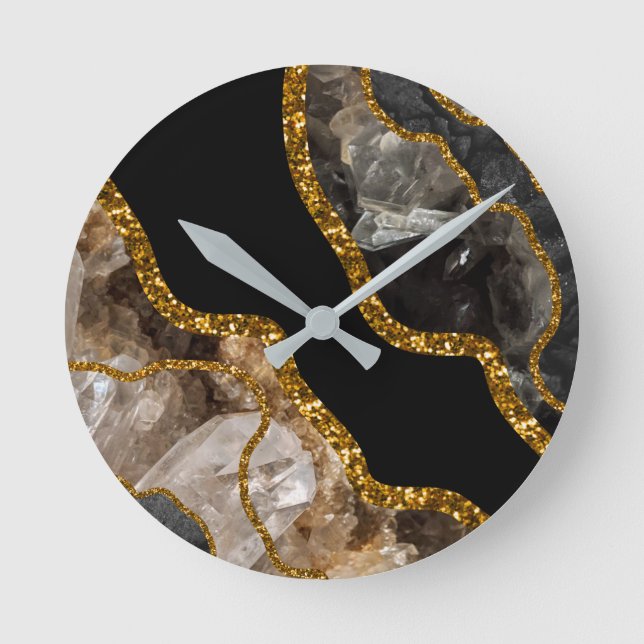 Black & Gold Agate Geode Glitter Round Clock (Front)