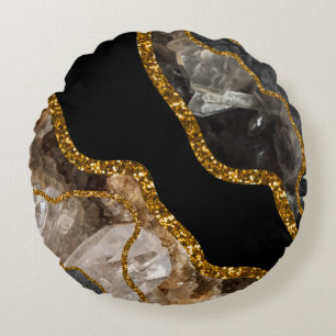 Black & Gold Agate Geode Glitter Round Cushion