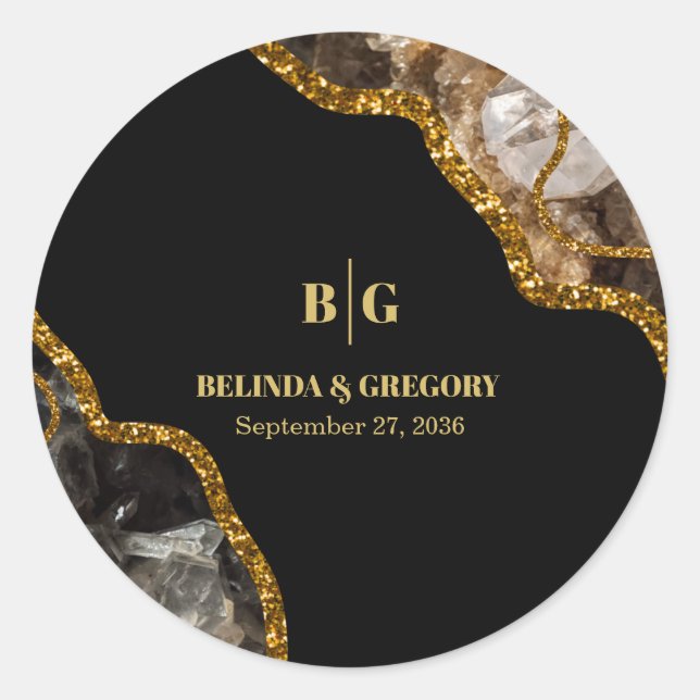 Black & Gold Agate Geode Glitter Wedding Classic Round Sticker (Front)