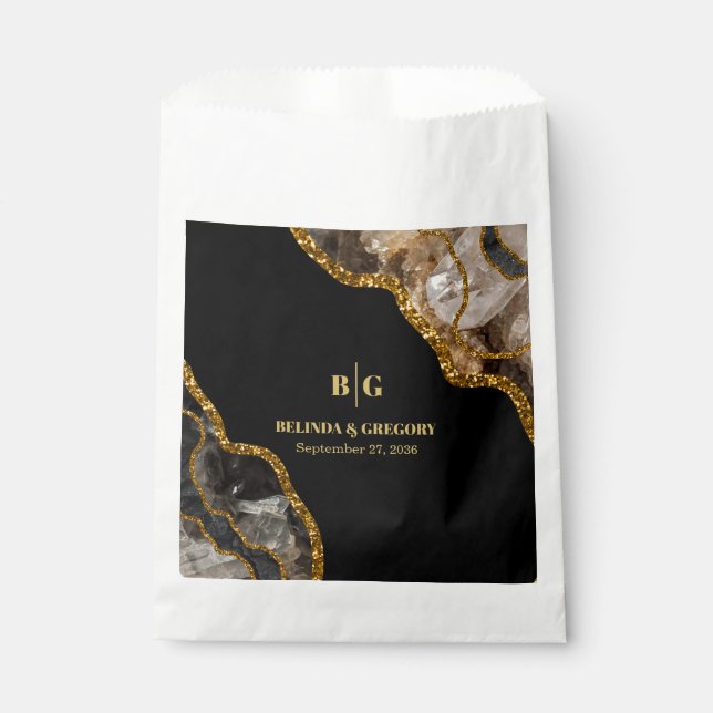 Black & Gold Agate Geode Glitter Wedding Favour Bag (Front)