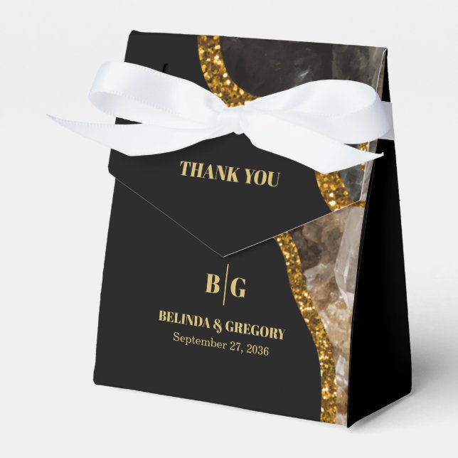 Black & Gold Agate Geode Glitter Wedding Favour Box (Front Side)