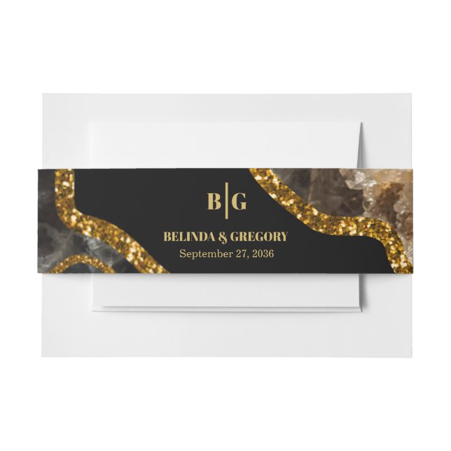 Black & Gold Agate Geode Glitter Wedding Invitation Belly Band (Front Example)