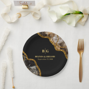 Black & Gold Agate Geode Glitter Wedding Paper Plate