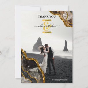 Black & Gold Agate Geode Glitter Wedding Photo Thank You Card