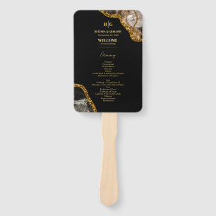 Black & Gold Agate Geode Glitter Wedding Program Hand Fan