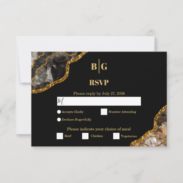 Black & Gold Agate Geode Glitter Wedding  RSVP Card (Front)