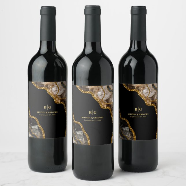Black & Gold Agate Geode Glitter Wedding Wine Label (Bottles)