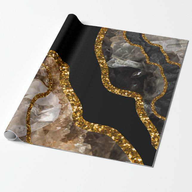 Black & Gold Agate Geode Glitter Wrapping Paper (Unrolled)