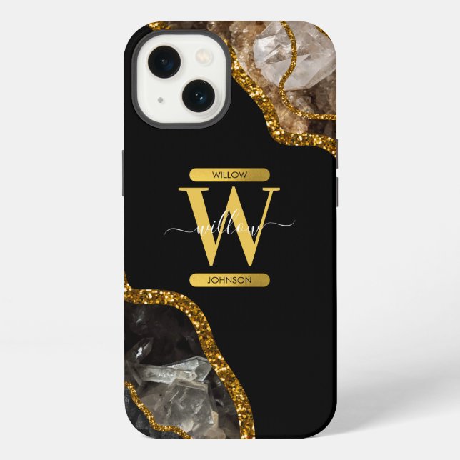 Black & Gold Agate Geode Monogram iPhone Case (Back)