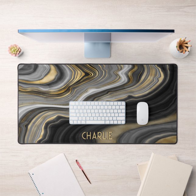 Black Gold Agate Geode Personalised Desk Mat (Office 1)