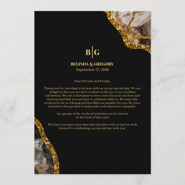 Black & Gold Agate Geode Wedding Welcome Itinerary Program (Front)