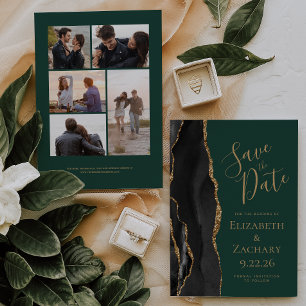 Black Gold Agate Green 5-Photo Save the Date Card