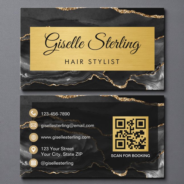 Black Gold Agate Hair Stylist Glitter QR Code Business Card (Creator Uploaded)