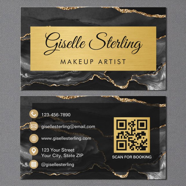 Black Gold Agate Makeup Artist Glitter QR Code Business Card (Creator Uploaded)