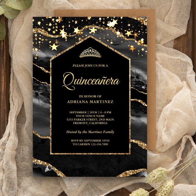 Black Gold Agate Marble Arch Quinceanera Invitation (Creator Uploaded)