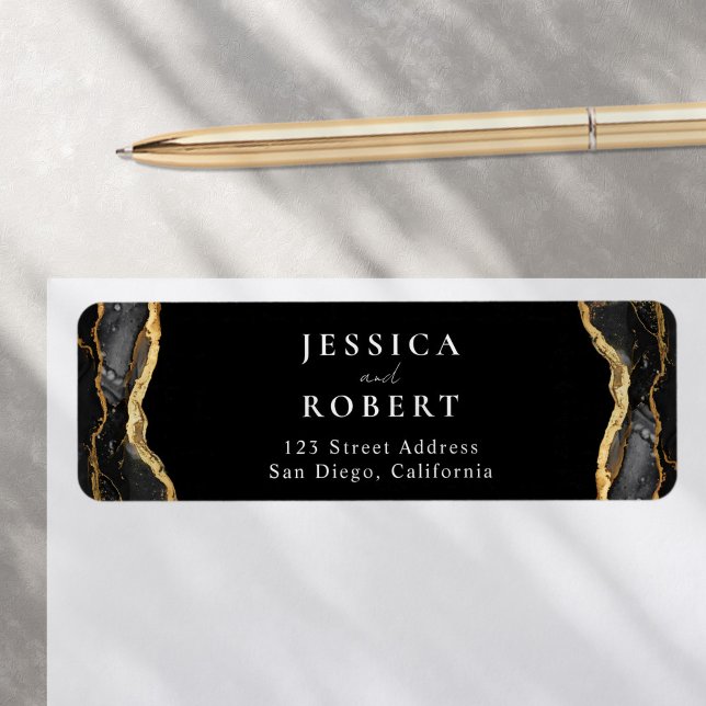 Black Gold Agate Marble Elegant Wedding Return Address Label (Creator Uploaded)