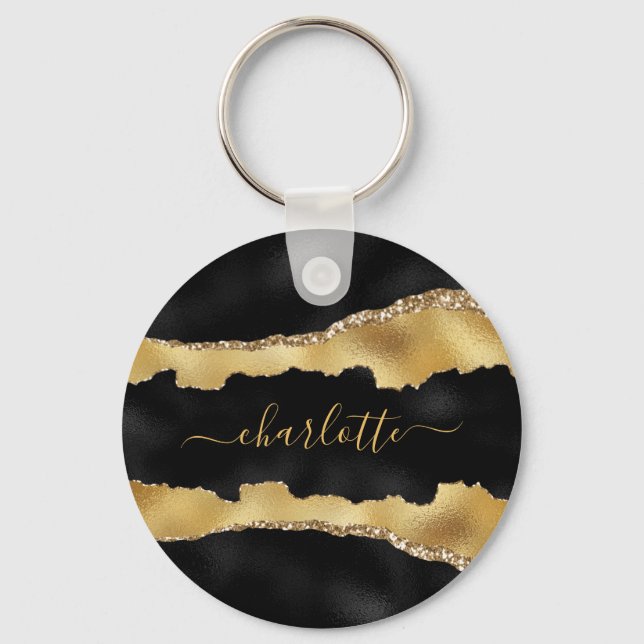 Black gold agate marble name script  key ring (Front)
