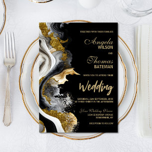 Black Gold Agate Marble Wedding Invitation